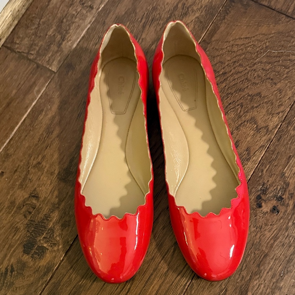 Chloe Lauren Patent Leather Red Scalloped Flats